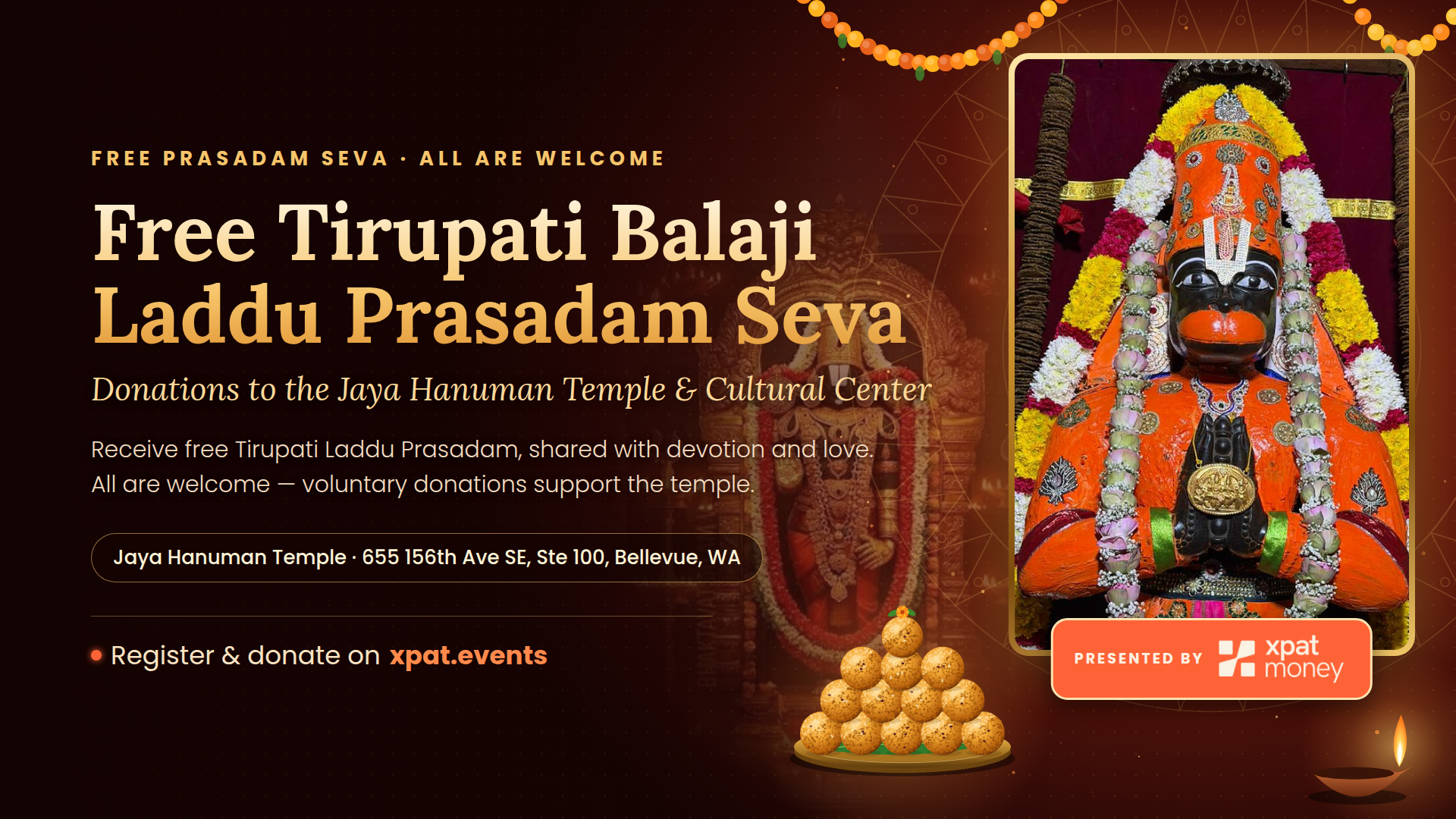 Free Tirupati Balaji Laddu Prasadam Seva - Donations to the Jaya Hanuman Temple and Cultural Center