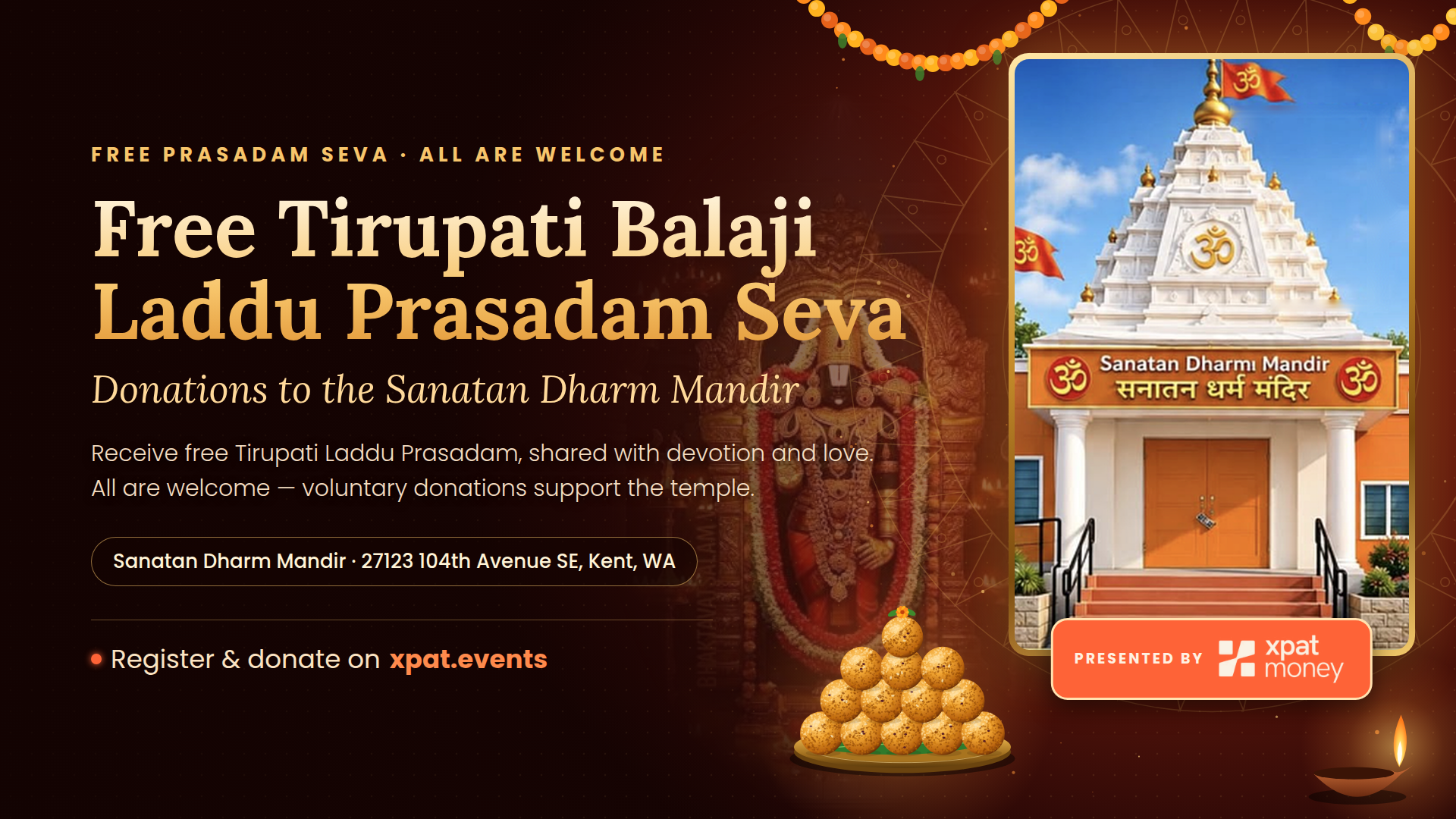 Free Tirupati Balaji Laddu Prasad Seva - Donations to the Sanatan Dharm Mandir Kent Hindu Temple